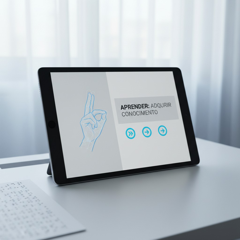 "Tablet displaying a digital hand and text in Spanish, positioned on a white desk."